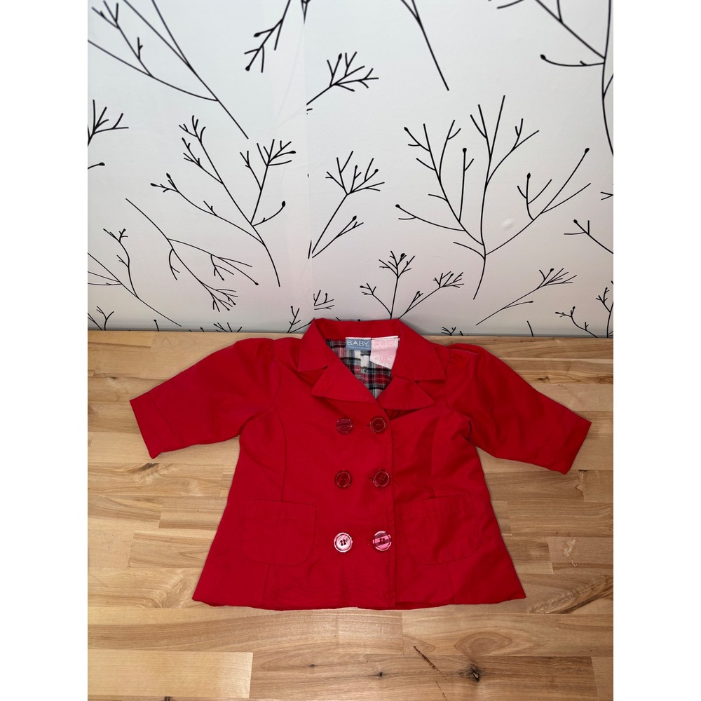 Baby Headquarters Red Double Breasted Pea Coat Plaid Lined Girls‎ 6/9 Months